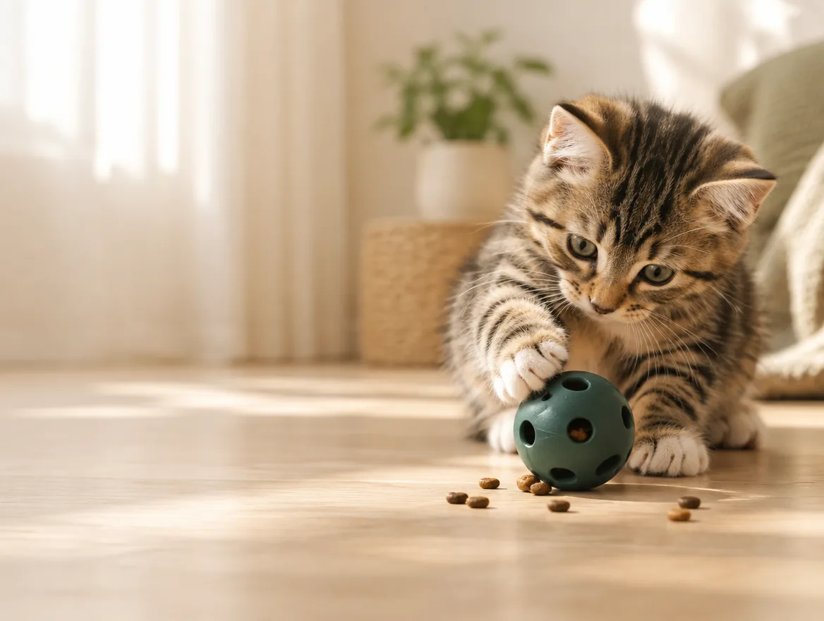 Tabby kitten batting a teal treat ball