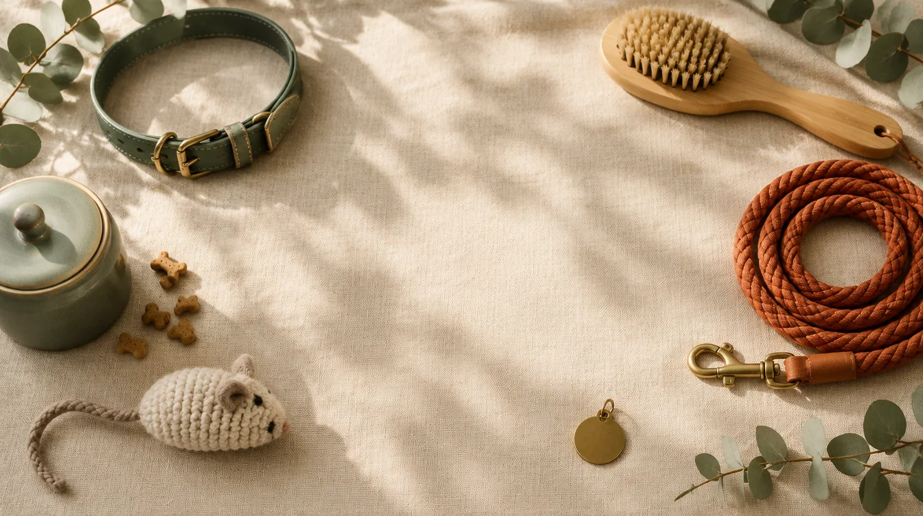 Flat lay of collar, brush, leash, treat jar and cat toy on linen