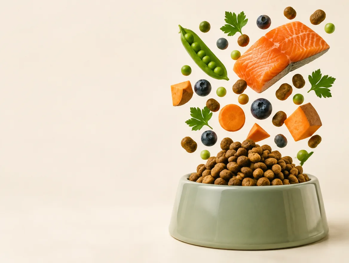 Sage bowl of kibble with salmon, peas and blueberries
