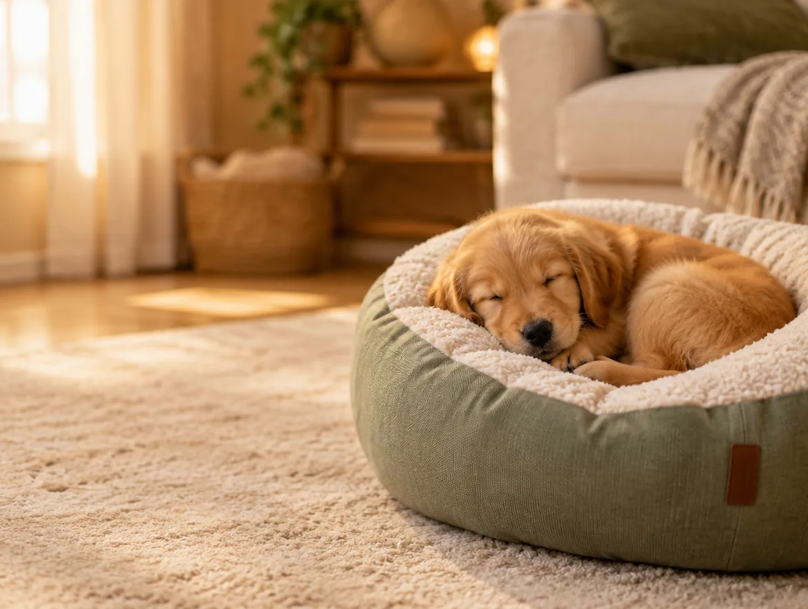 Golden retriever puppy asleep in a sage donut bed